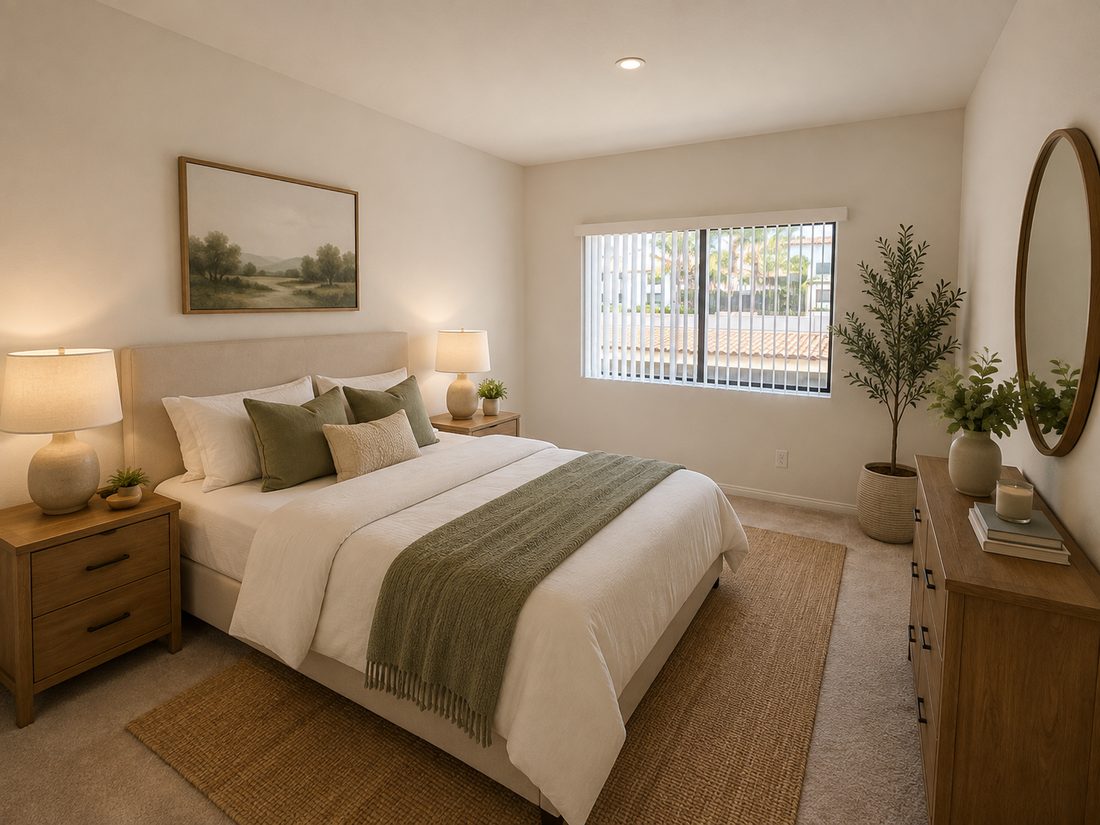 Primary bedroom, staged, with window to the courtyard