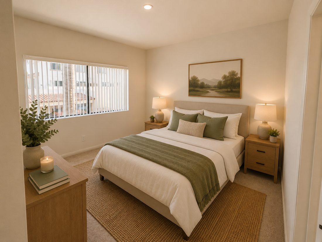 Second bedroom, staged, with a window over the grounds