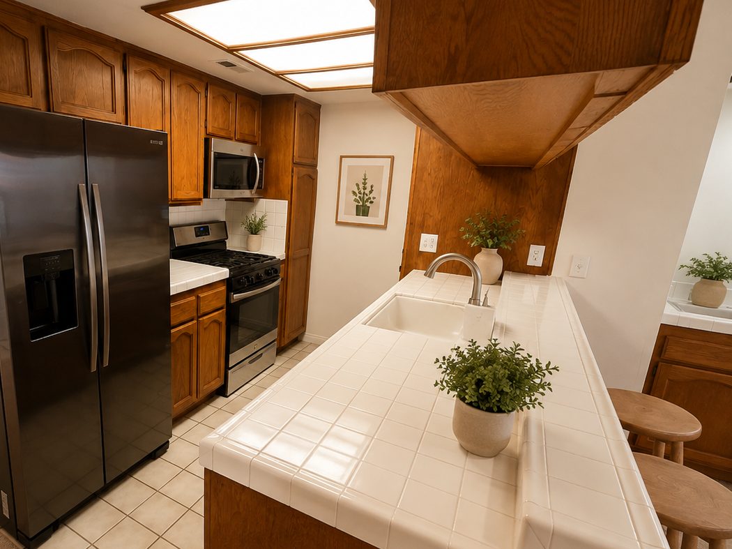 Kitchen, staged and furnished